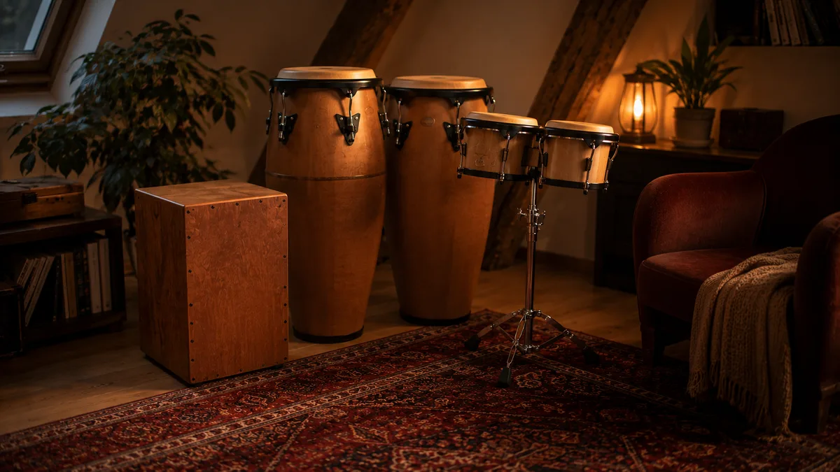 Cajon, conga's en bongo's bij elkaar in een warme huiskamerhoek