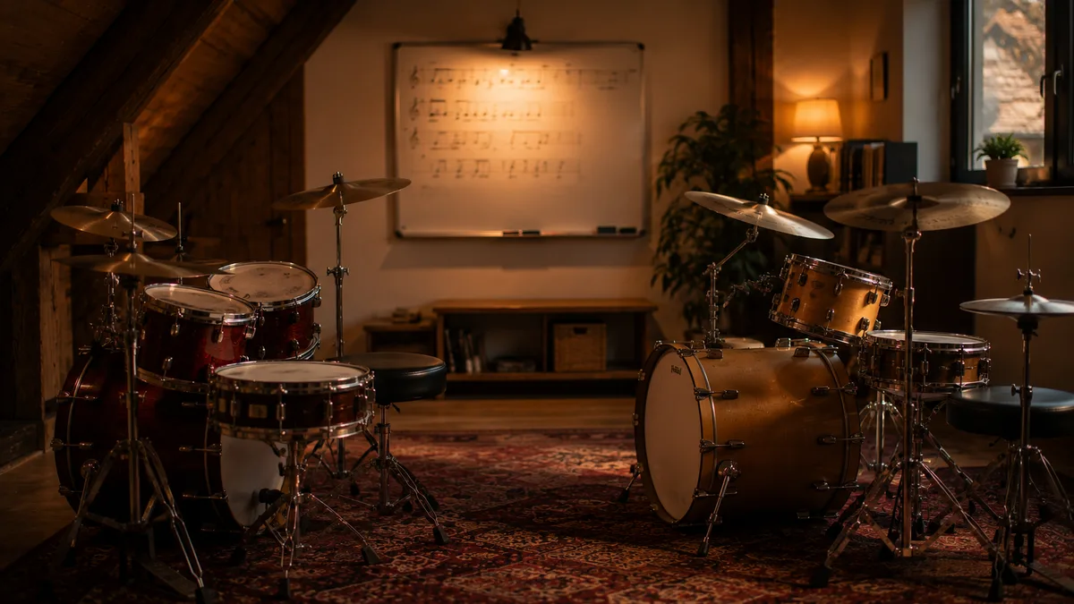 Leslokaal met twee drumstellen tegenover elkaar