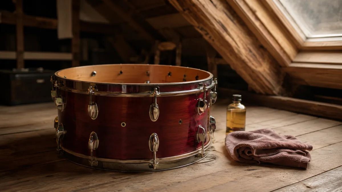 Drumketel zonder vel met poetsdoek en flesje olie op een houten vloer