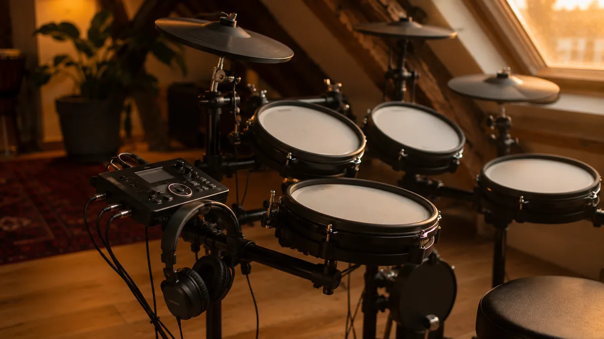 Elektronisch drumstel met mesh-pads en module, koptelefoon aangesloten