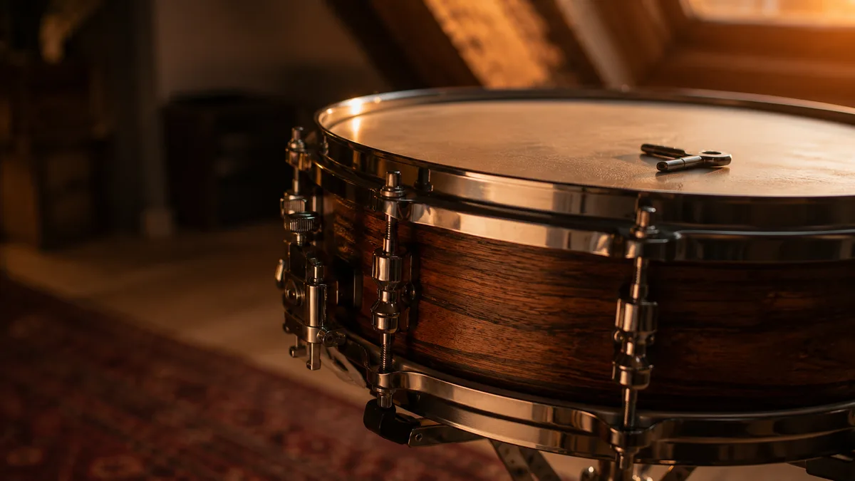 Snaredrum op statief met stemsleutel op het vel