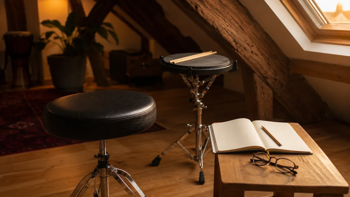 Drumkruk met oefenpad en notitieboek in warm avondlicht
