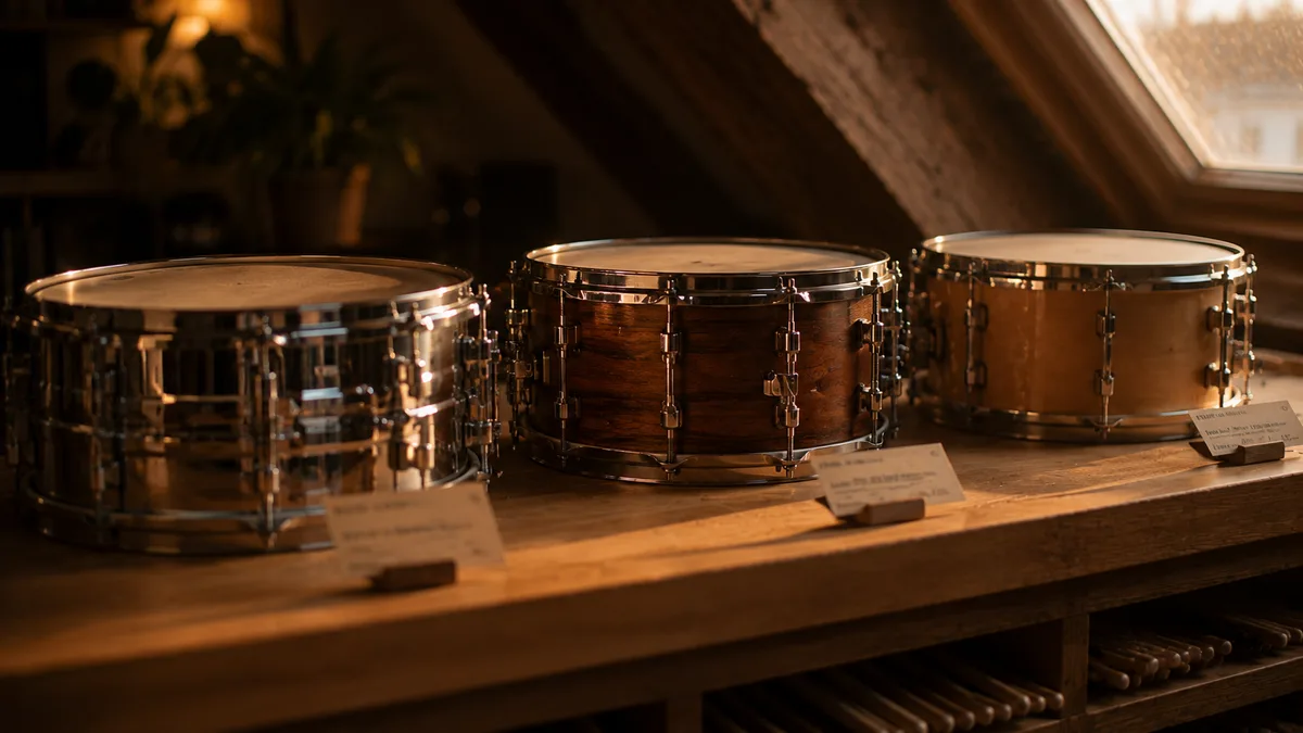 Drie snaredrums van verschillende kwaliteit naast elkaar op een houten plank